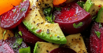 Colorful beetroot avocado orange salad served in a bowl with sliced cooked beetroot, creamy avocado chunks, orange segments, herbs, spring onion, and citrus dressing.
