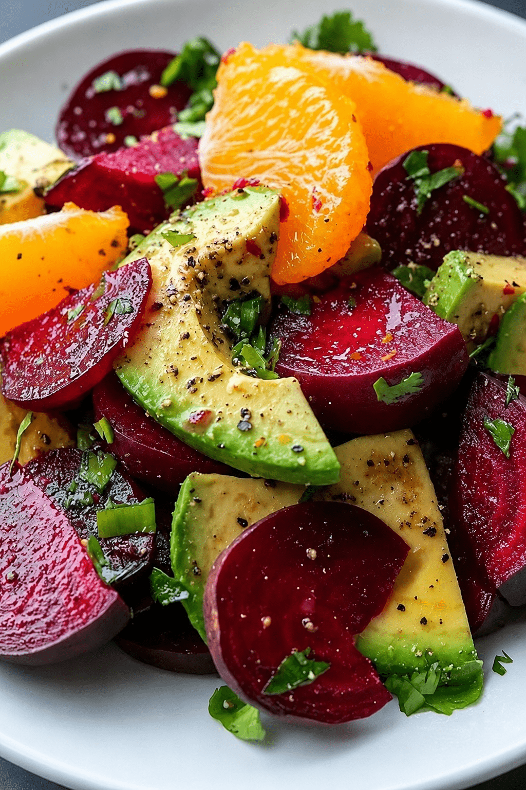 Colorful beetroot avocado orange salad served in a bowl with sliced cooked beetroot, creamy avocado chunks, orange segments, herbs, spring onion, and citrus dressing.