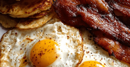 Fluffy American pancakes served with crispy bacon, fried eggs, butter, maple syrup, black pepper, and a golden breakfast plate presentation.