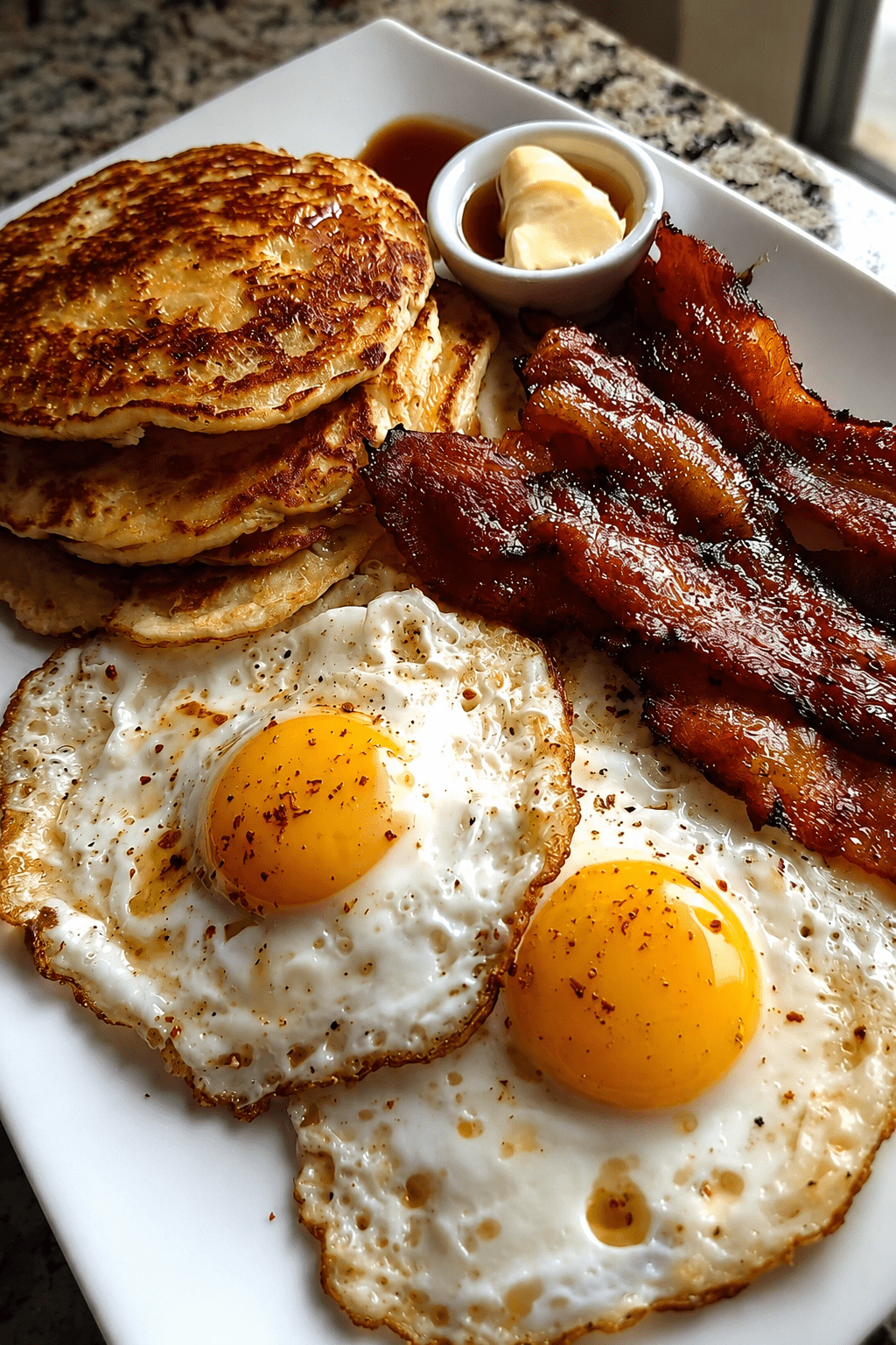 Fluffy American pancakes served with crispy bacon, fried eggs, butter, maple syrup, black pepper, and a golden breakfast plate presentation.