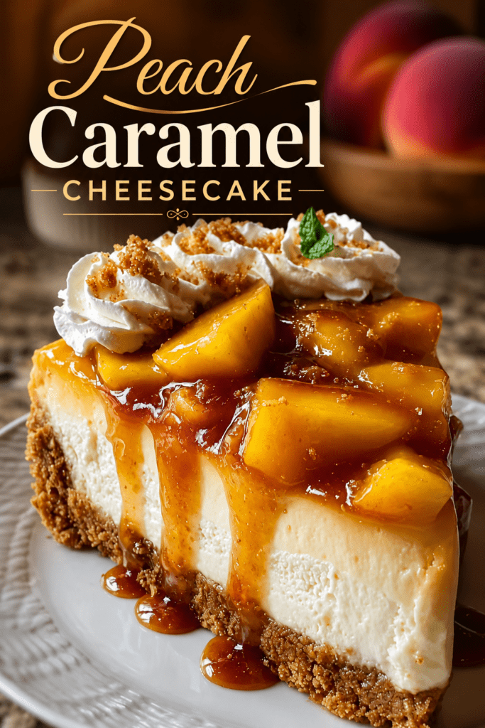 A creamy peach caramel cheesecake topped with caramelized peach slices, whipped cream, crushed biscuits, and fresh mint on a golden biscuit crust.