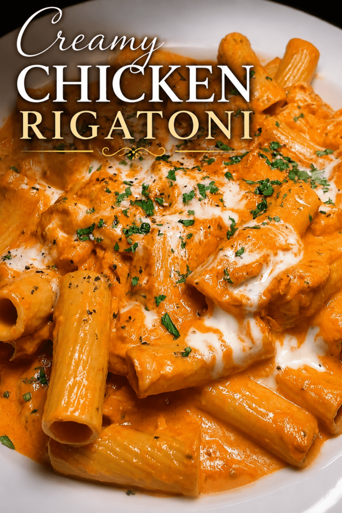 A creamy tomato chicken rigatoni dish served hot with tender chicken pieces, rich tomato cream sauce, melted mozzarella, parmesan, and fresh parsley.