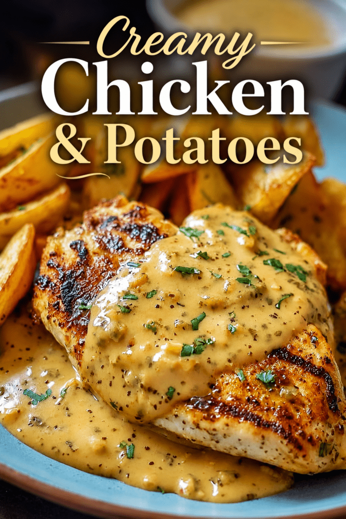 Tender chicken breasts covered in creamy mustard sauce served with crispy roasted potato wedges and fresh chopped parsley on a dinner plate.