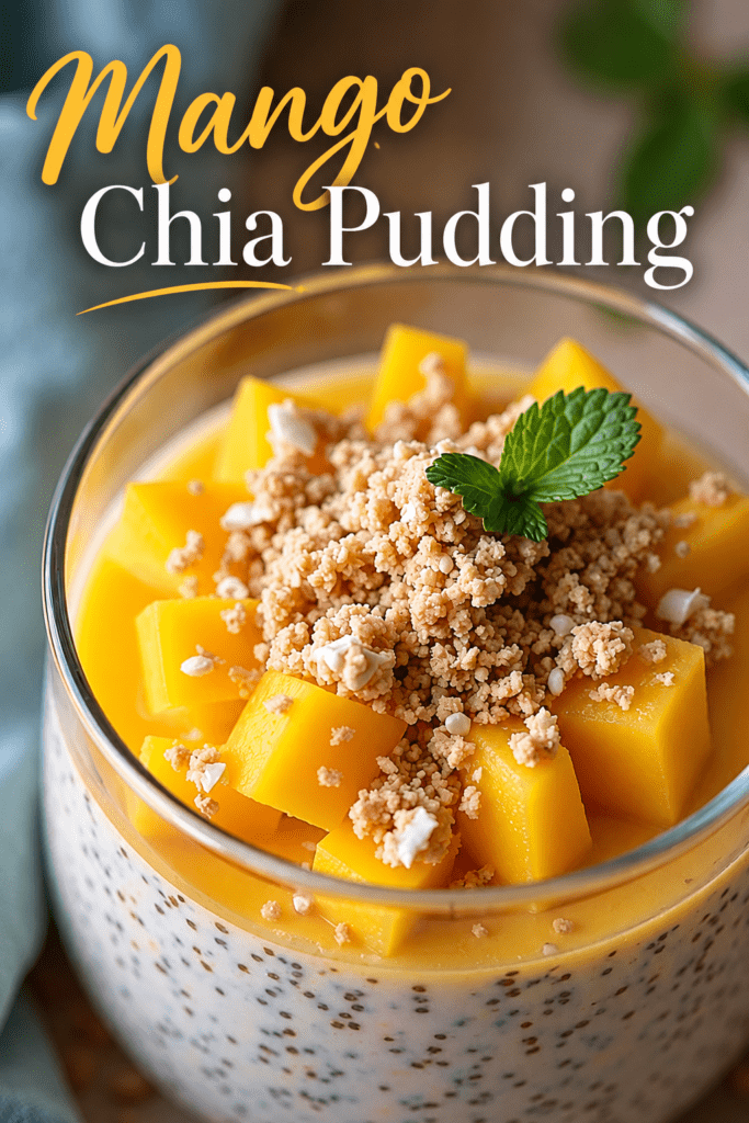Creamy mango chia pudding served in clear glasses with coconut chia pudding, smooth mango purée, fresh mango cubes, granola, and mint leaves.