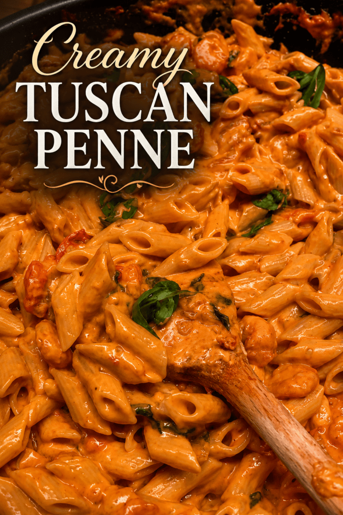 Creamy Tuscan chicken penne served in a bowl with golden chicken pieces, penne pasta, spinach, cherry tomatoes, parmesan, and a rich creamy tomato sauce.