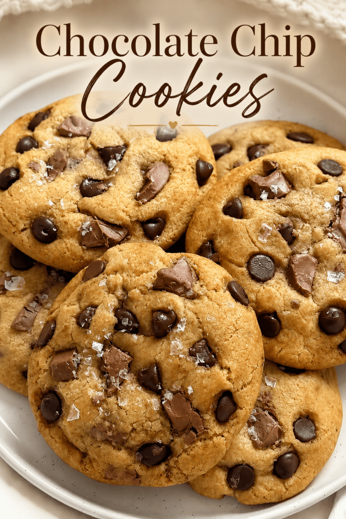 Soft chocolate chip cookies with golden edges, gooey chocolate chunks, dark chocolate chips, and flaky sea salt cooling on a baking tray.