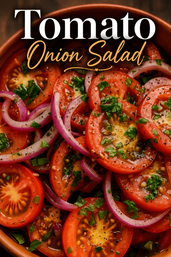 Fresh tomato and red onion salad served in a bowl with ripe tomato slices, thin red onion, parsley, basil, olive oil dressing, and black pepper.