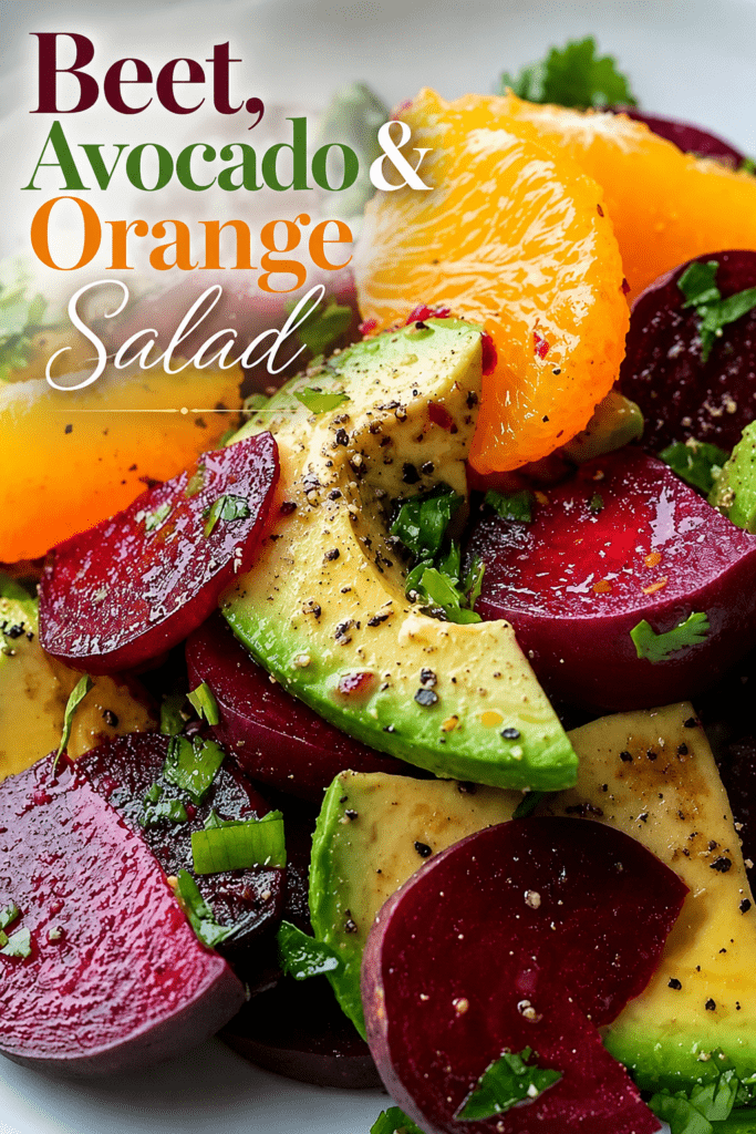 Colorful beetroot avocado orange salad served in a bowl with sliced cooked beetroot, creamy avocado chunks, orange segments, herbs, spring onion, and citrus dressing.