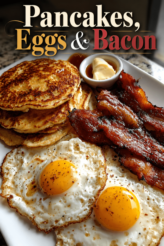 Fluffy American pancakes served with crispy bacon, fried eggs, butter, maple syrup, black pepper, and a golden breakfast plate presentation.