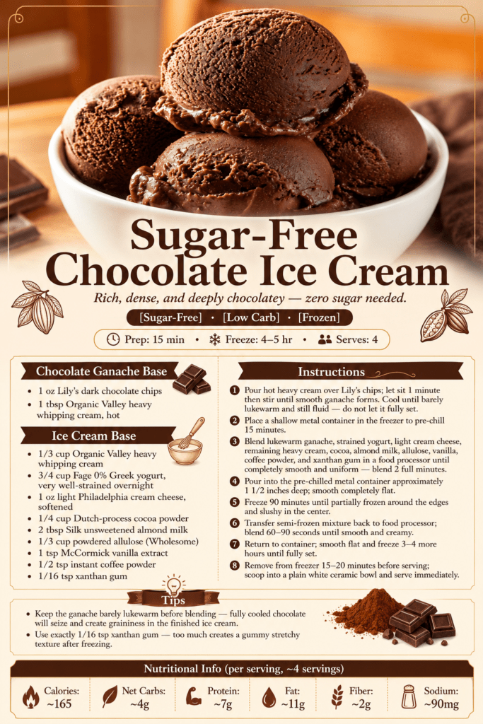 Rich sugar-free chocolate ice cream scooped into a plain white ceramic bowl with a dense creamy texture and deep chocolate color.