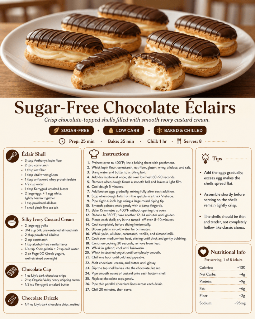 Sugar-free chocolate éclairs with crisp golden shells, smooth ivory custard cream filling, glossy dark chocolate caps, and thin chocolate drizzle.