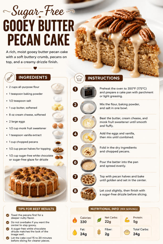 Rich sugar-free gooey butter pecan cake slice with pecan topping, soft buttery center, golden crumb, and sugar-free drizzle on top.