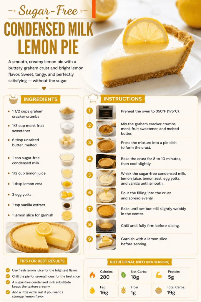 Creamy sugar-free condensed milk lemon pie with a buttery graham cracker crust, glossy lemon filling, and a fresh lemon slice garnish.