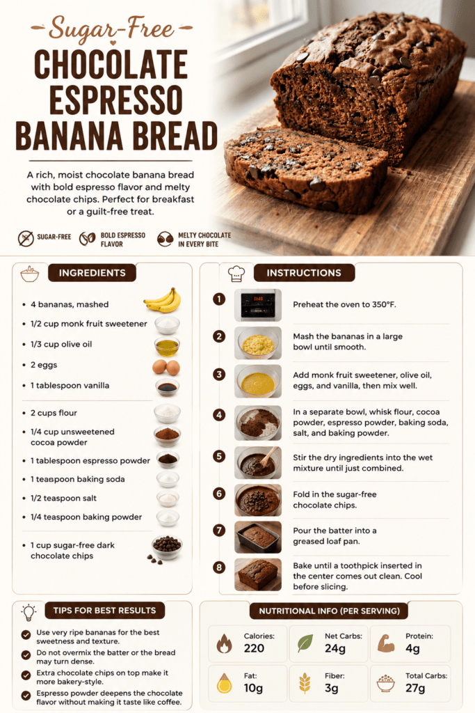 Moist sugar-free chocolate espresso banana bread sliced on a plate with dark chocolate chips, rich cocoa crumb, and a soft bakery-style texture.