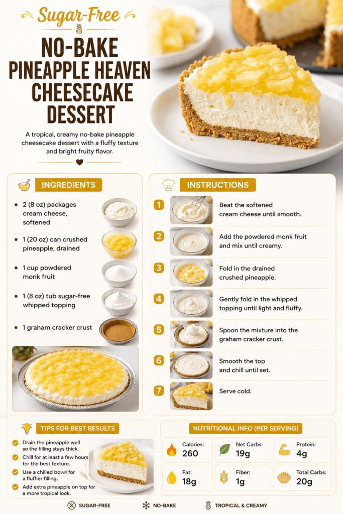 Creamy sugar-free no-bake pineapple cheesecake dessert in a graham cracker crust, topped with crushed pineapple and served chilled on a plate.