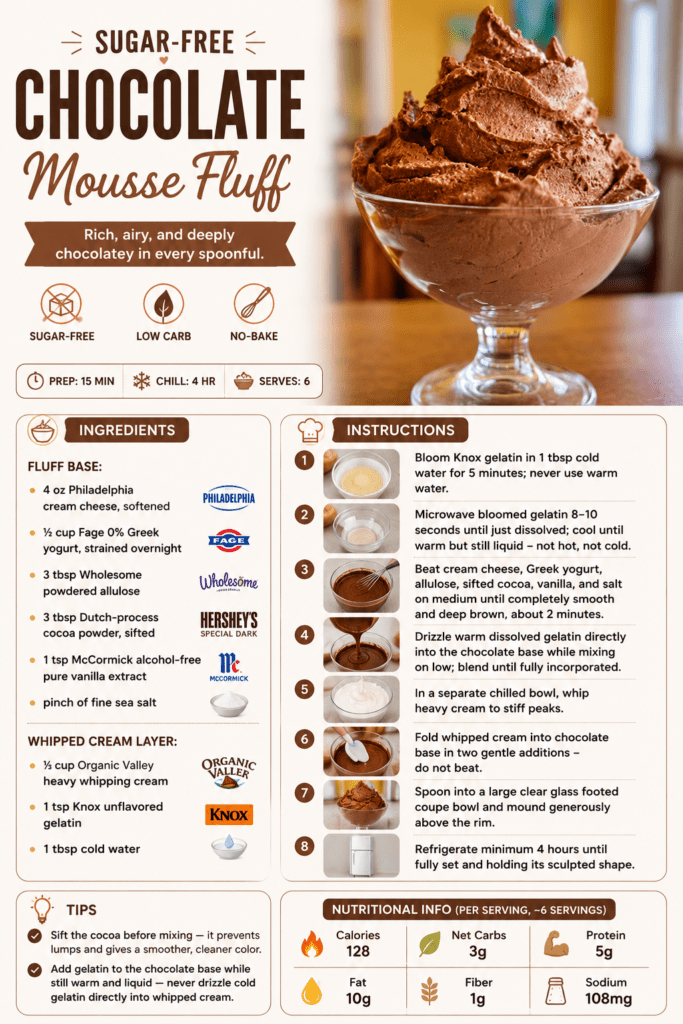 A clear glass footed coupe bowl filled with rich sugar-free chocolate mousse fluff, airy whipped texture, deep cocoa color, and a smooth sculpted top.