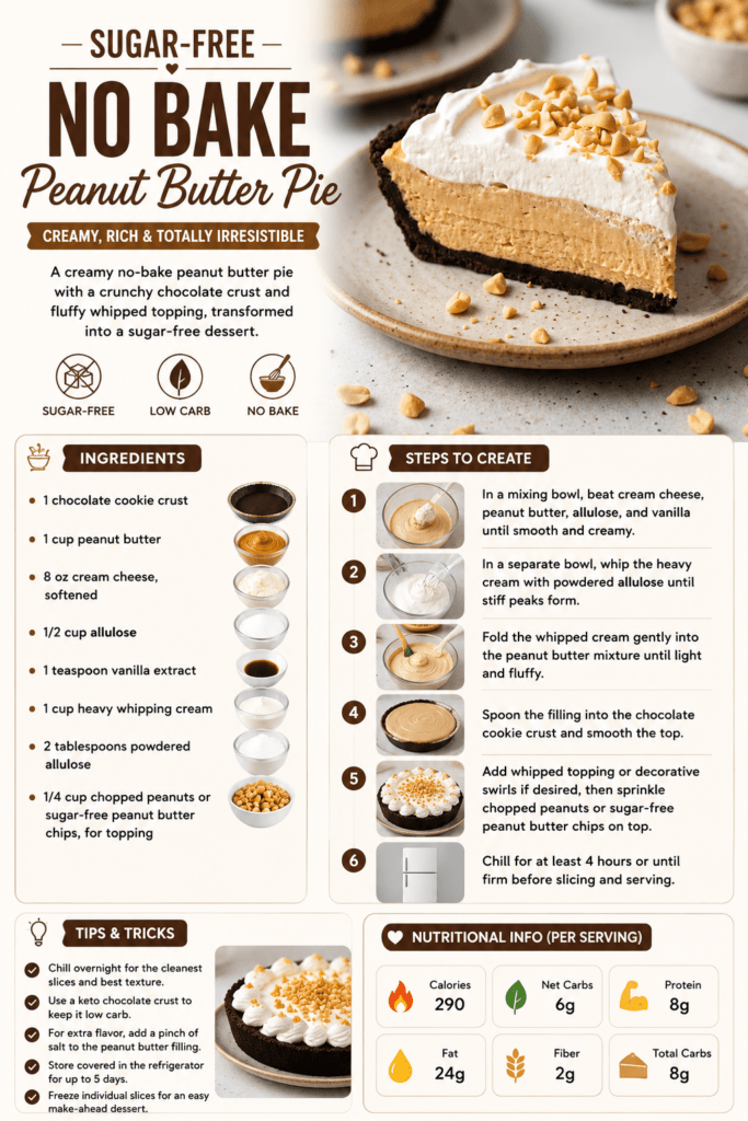 A creamy sugar-free no bake peanut butter pie in a dark chocolate cookie crust, topped with whipped cream swirls and chopped peanuts.
