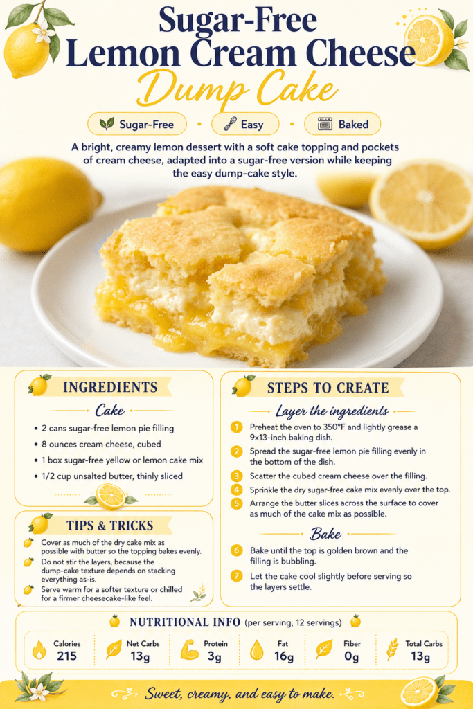 A warm sugar-free lemon cream cheese dump cake baked in a rectangular dish with golden cake topping, bubbling lemon filling, and creamy cheese pockets.