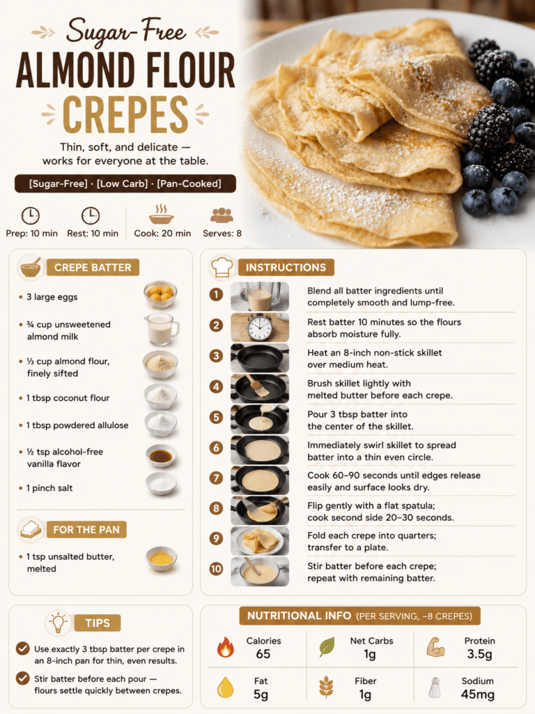 Thin sugar-free almond flour crepes folded into quarters on a plate, soft and golden, served as a low-carb breakfast or brunch recipe.