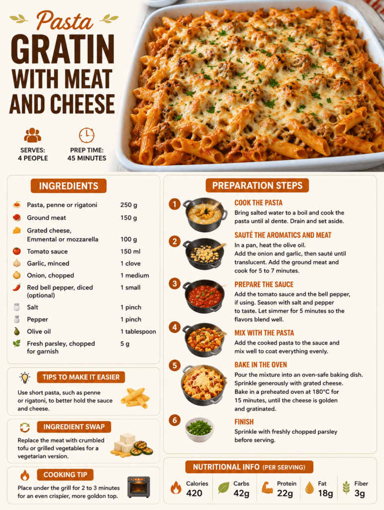 A golden baked pasta gratin with ground meat, tomato sauce, melted cheese, penne pasta, and fresh parsley in a rustic oven dish.