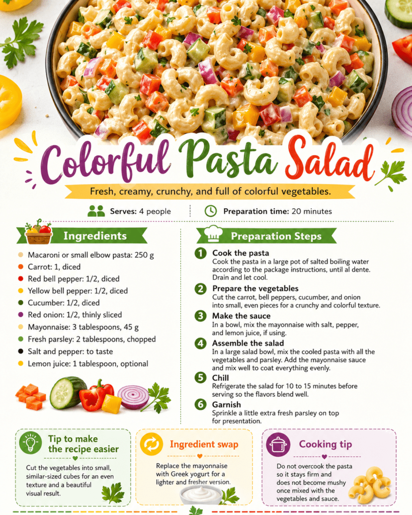 A colorful pasta salad with macaroni, diced carrots, red and yellow bell peppers, cucumber, red onion, creamy dressing, and fresh parsley in a large bowl.