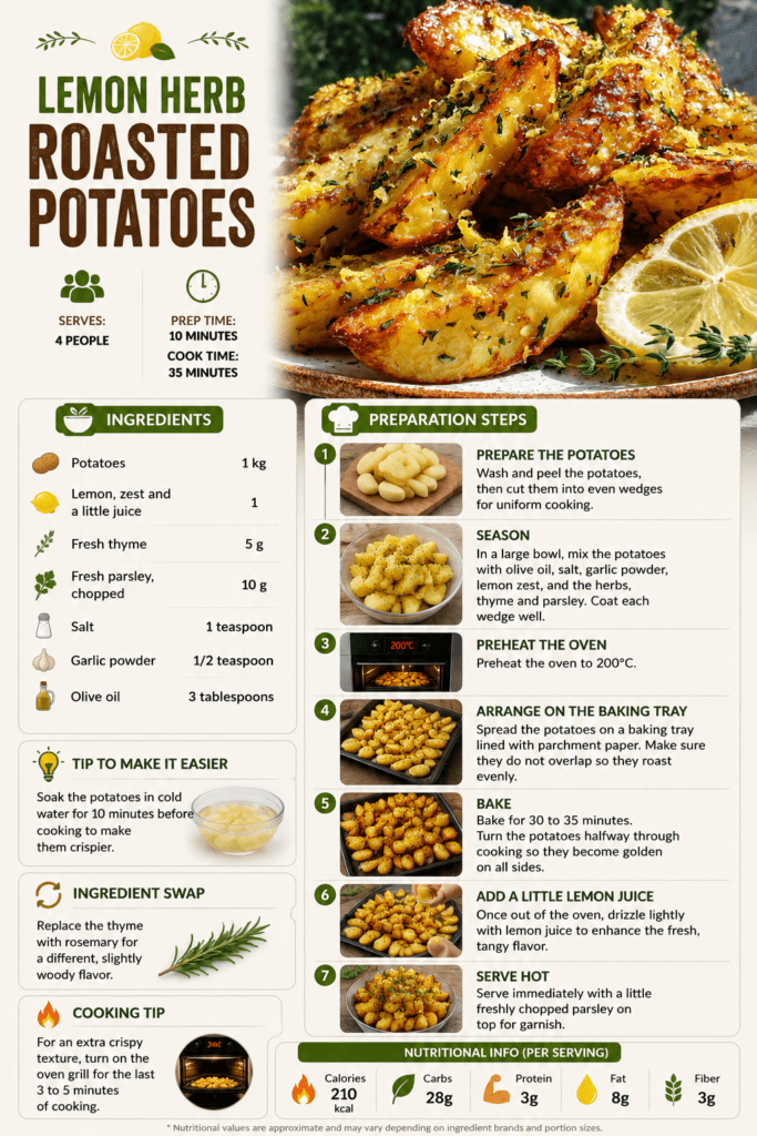 Golden lemon herb roasted potato wedges on a baking tray with crispy edges, fresh parsley, thyme, lemon zest, and a light drizzle of olive oil.