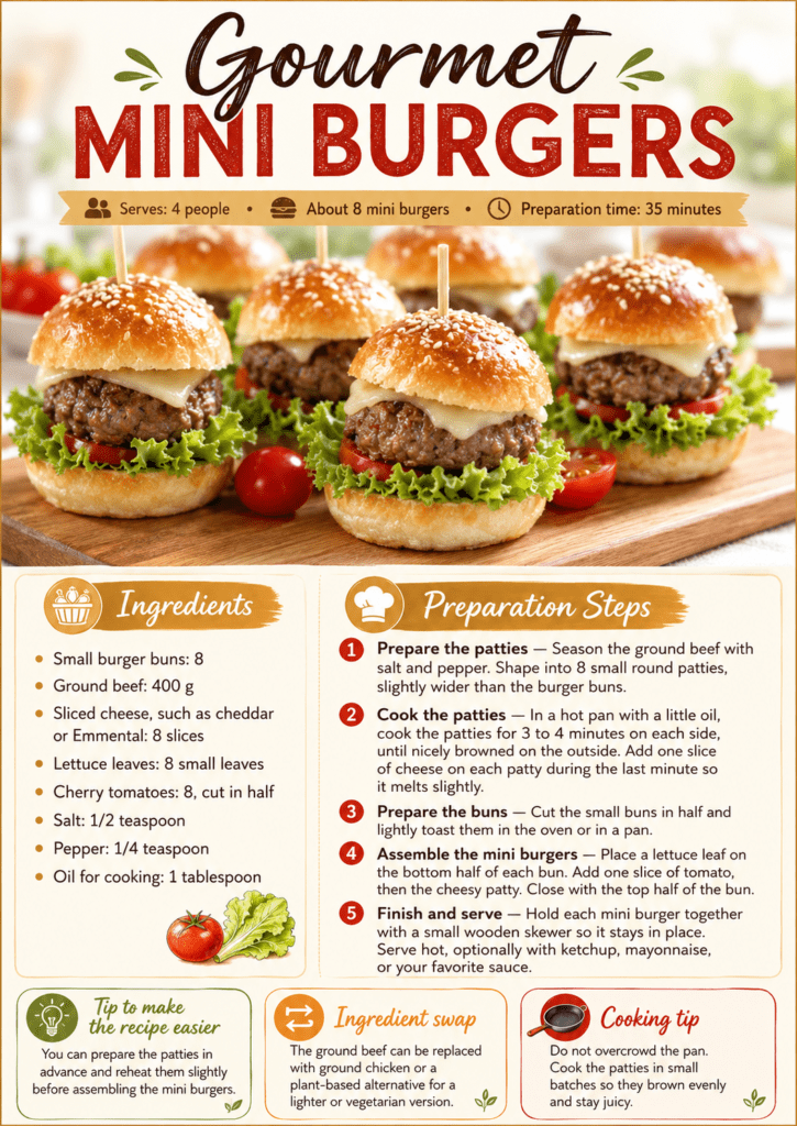 Gourmet mini burgers with juicy beef patties, melted cheese, lettuce, cherry tomatoes, toasted buns, and wooden skewers on a serving plate.