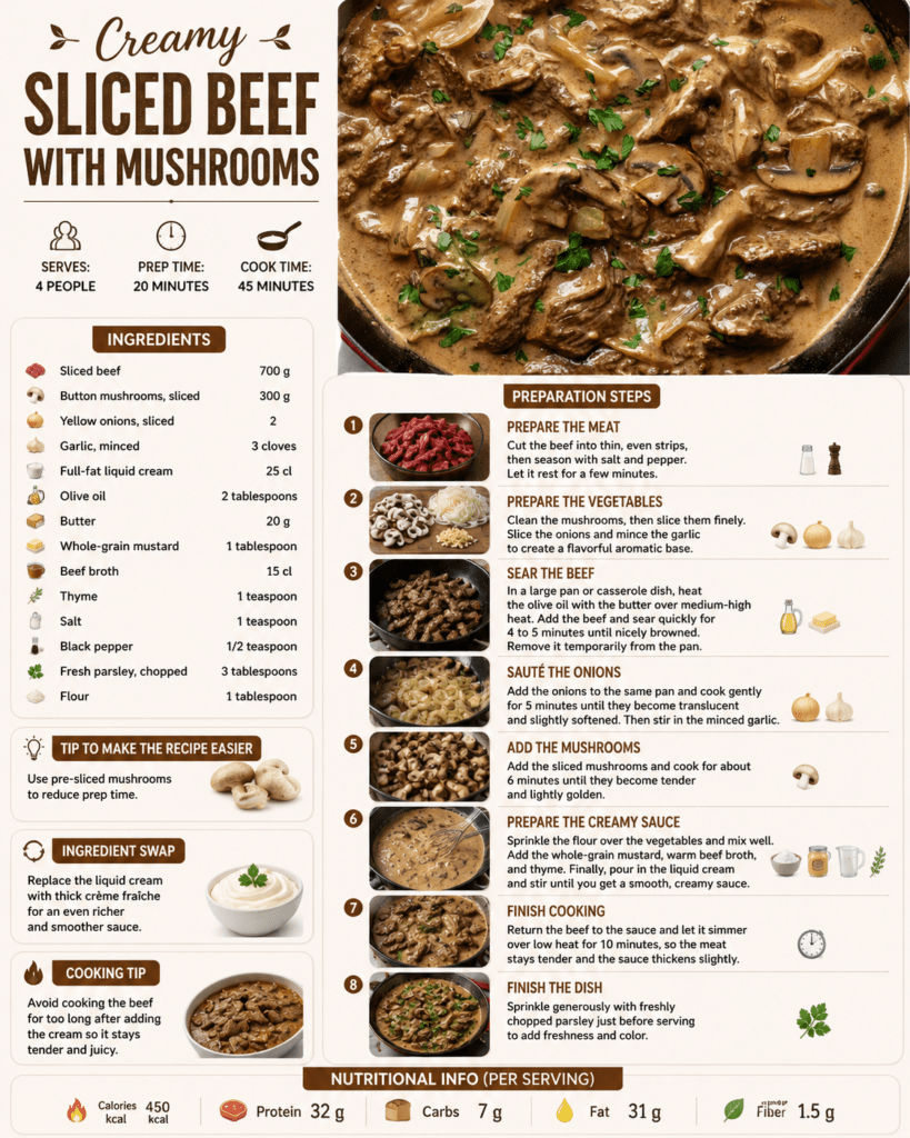 Tender sliced beef in a creamy mushroom mustard sauce with onions, garlic, thyme, and fresh parsley served hot in a rustic dish.