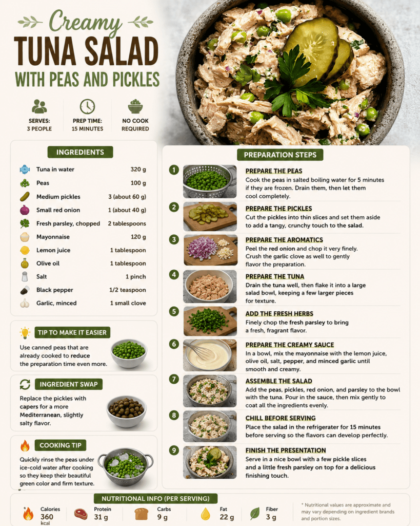 Creamy tuna salad served in a bowl with green peas, sliced pickles, red onion, parsley, and a smooth lemon mayonnaise dressing.