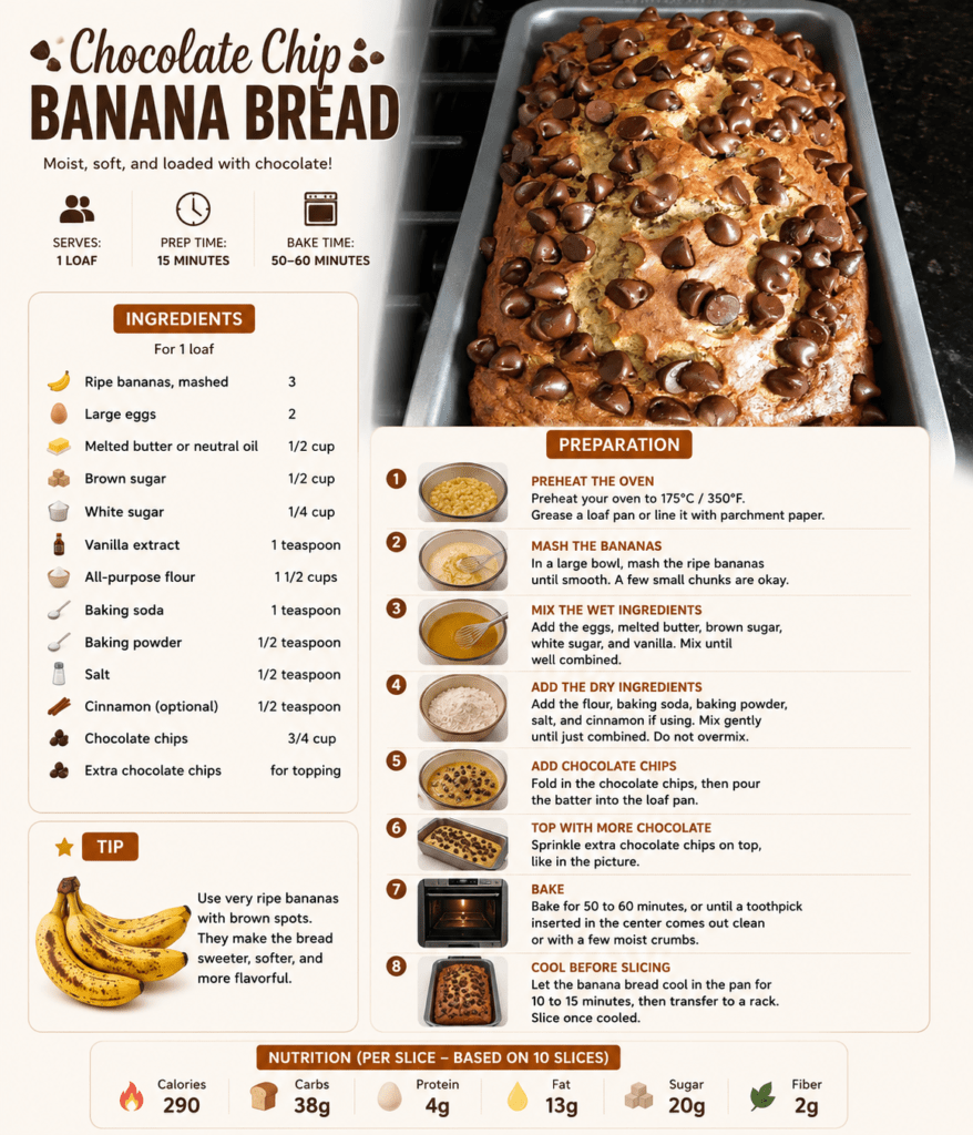 A freshly baked chocolate chip banana bread loaf sliced on a plate, showing a soft moist crumb with melted chocolate chips on top.