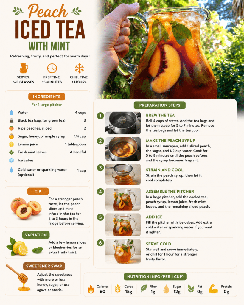 A large glass pitcher of peach iced tea with sliced peaches, fresh mint leaves, lemon juice, and ice cubes served cold in clear glasses.