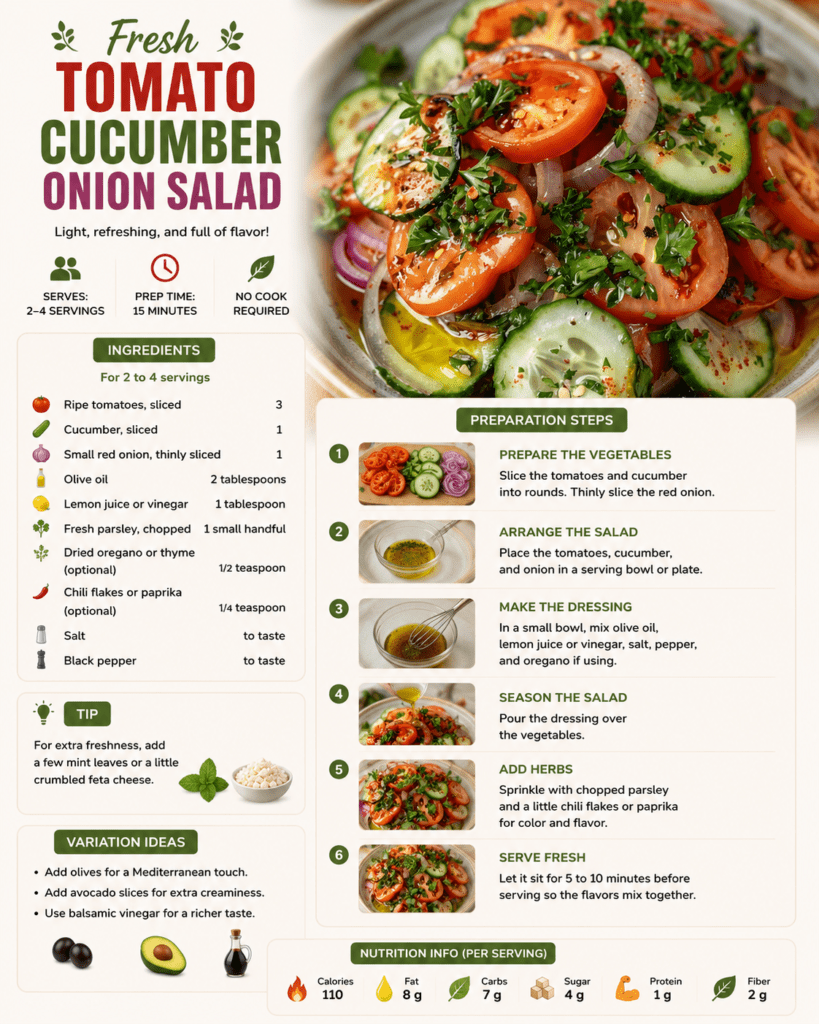 A fresh tomato cucumber onion salad served on a plate with sliced ripe tomatoes, cucumber rounds, thin red onion, parsley, olive oil dressing, and herbs.