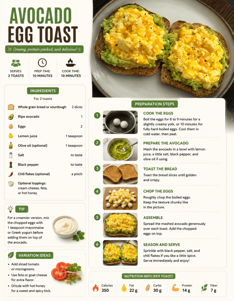 Crispy avocado egg toast made with mashed avocado, chunky chopped boiled eggs, whole grain bread, black pepper, chili flakes, and fresh lemon flavor.