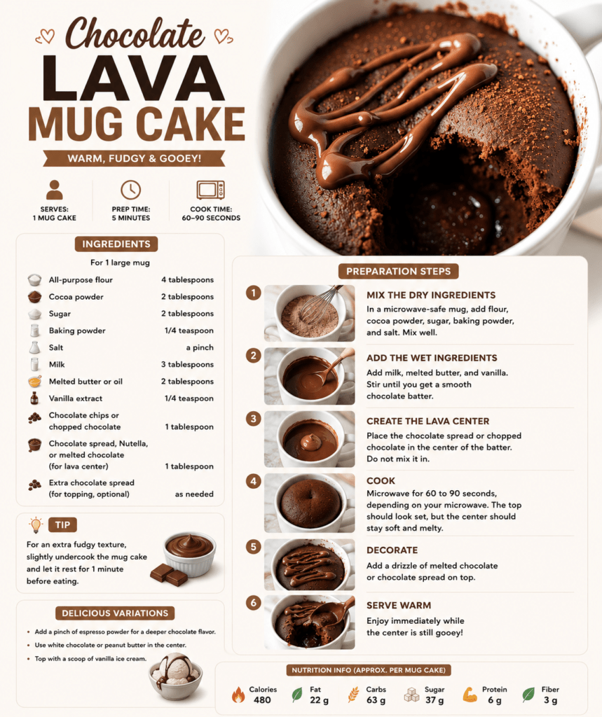 A warm chocolate lava mug cake served in a large mug with a soft cocoa cake texture, melted chocolate center, and a drizzle of chocolate spread on top.