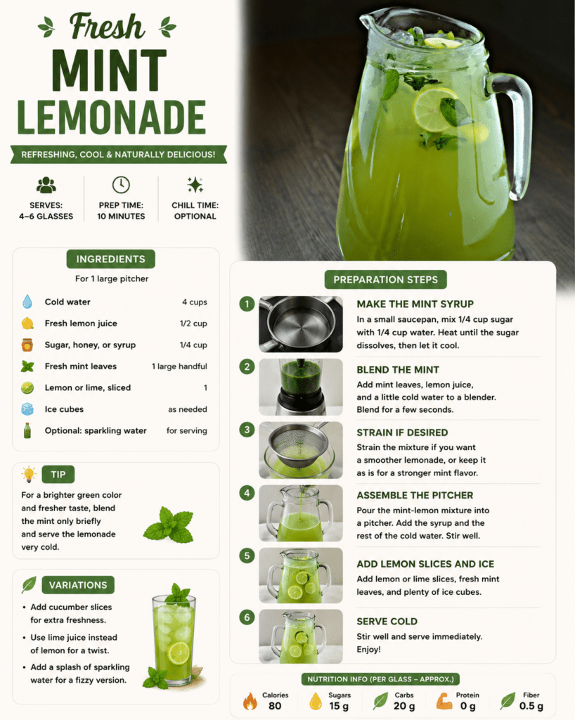 A large pitcher of fresh mint lemonade with lemon slices, lime slices, fresh mint leaves, cold water, and ice cubes served in clear glasses.