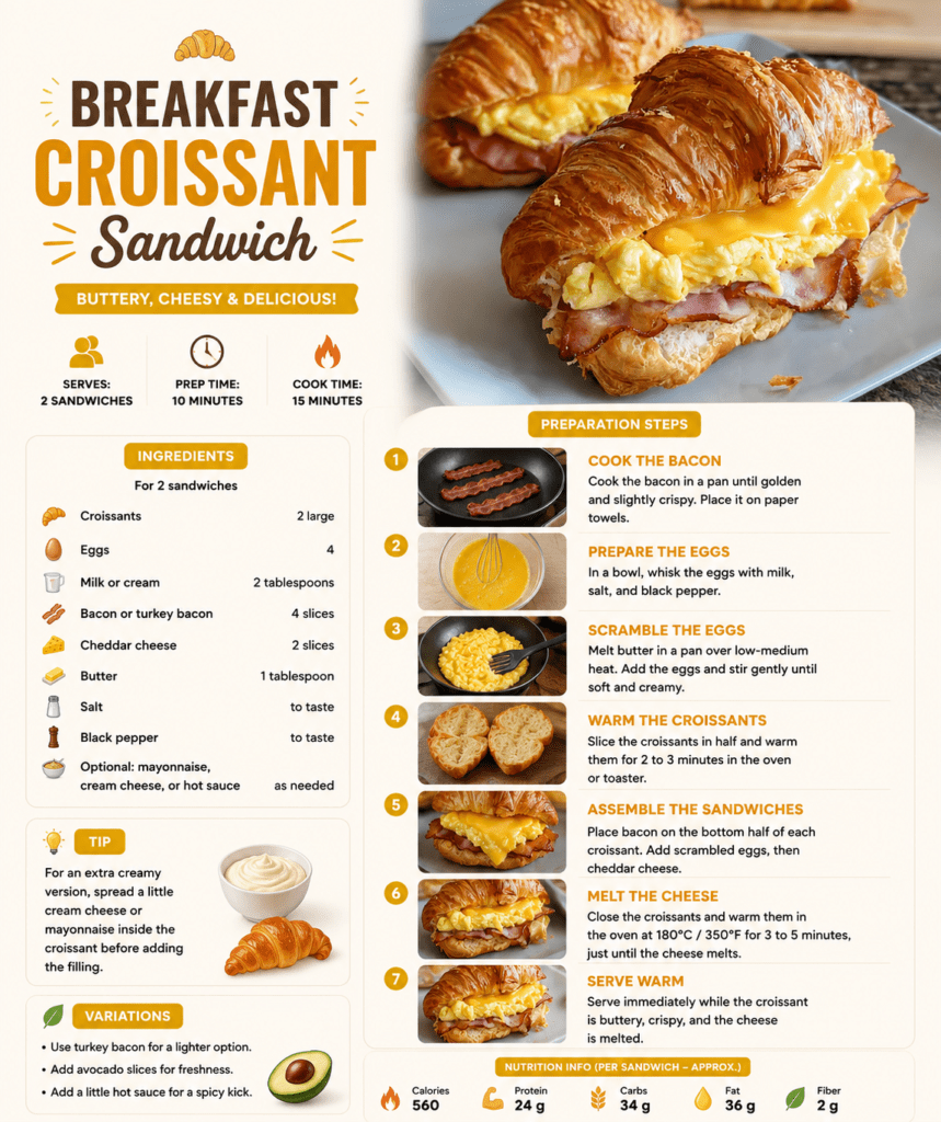 A warm breakfast croissant sandwich filled with soft scrambled eggs, crispy bacon, melted cheddar cheese, and a buttery golden croissant served fresh.