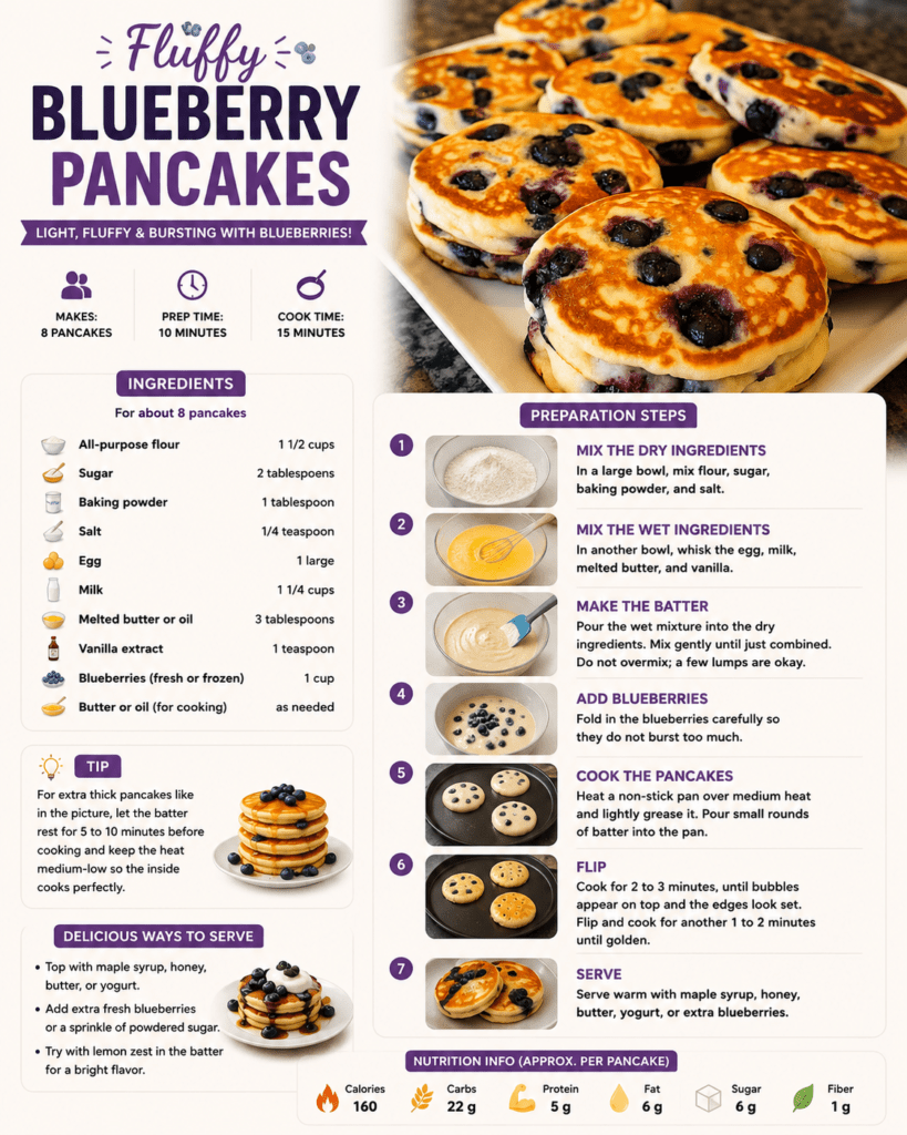 A stack of fluffy blueberry pancakes served warm with juicy blueberries, golden edges, soft thick texture, butter, and maple syrup on top.