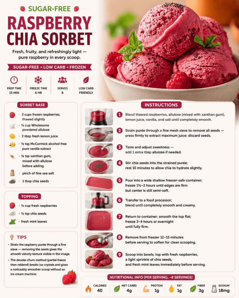 A bowl of sugar-free raspberry chia sorbet with a smooth bright pink texture, fresh raspberries, chia seeds, and mint leaves served cold.