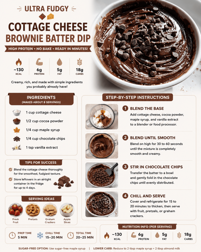 A bowl of ultra fudgy cottage cheese brownie batter dip with a smooth chocolate texture, chocolate chips mixed in, and fruit or crackers for dipping.