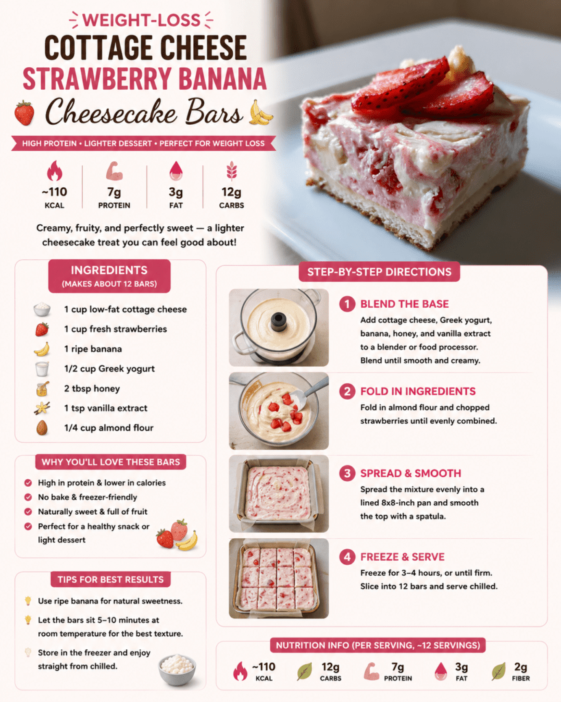 Chilled strawberry banana cottage cheese cheesecake bars sliced into squares with fresh strawberries, creamy filling, and a smooth frozen texture.