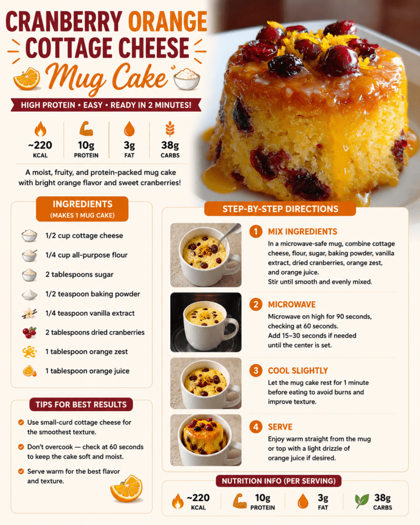A warm cranberry orange cottage cheese mug cake served in a mug with dried cranberries, orange zest, soft cake texture, and a light citrus finish.