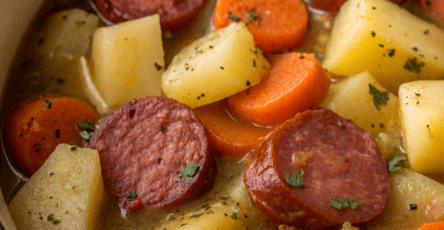 A warm bowl of sausage, potato and carrot stew with sliced smoked sausage, tender potato chunks, carrots and fresh parsley in a rich broth.