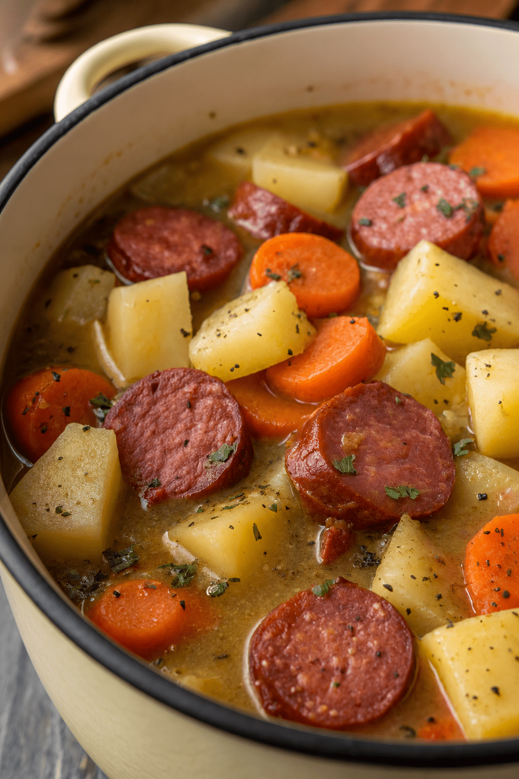 A warm bowl of sausage, potato and carrot stew with sliced smoked sausage, tender potato chunks, carrots and fresh parsley in a rich broth.