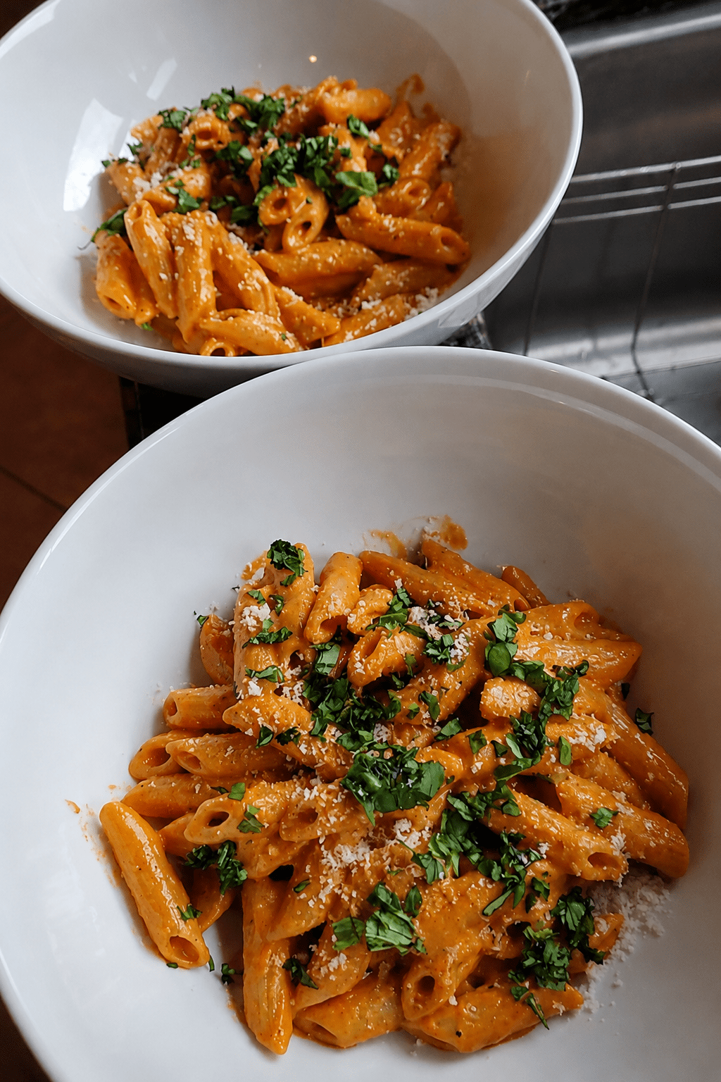 A bowl of creamy tomato penne pasta coated in a smooth pink tomato cream sauce, topped with grated parmesan and fresh basil.