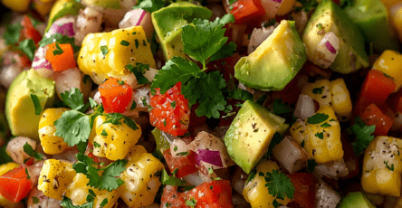 A colorful avocado corn salad with sweet corn kernels, diced avocado, tomatoes, red onion, cucumber, fresh herbs and lime dressing.