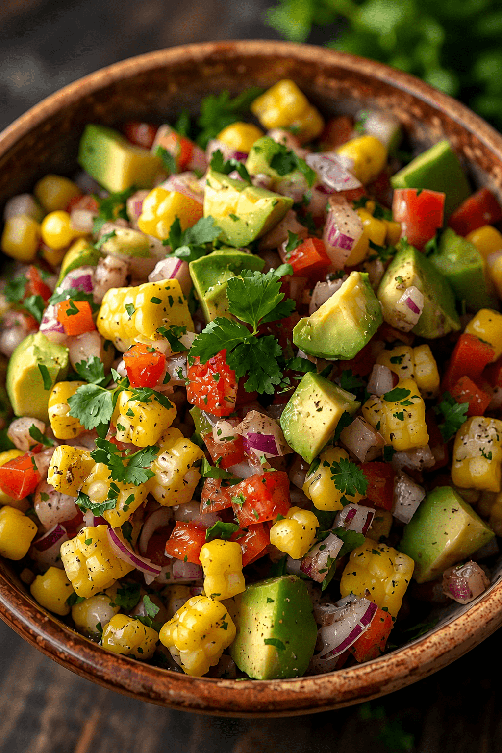 A colorful avocado corn salad with sweet corn kernels, diced avocado, tomatoes, red onion, cucumber, fresh herbs and lime dressing.