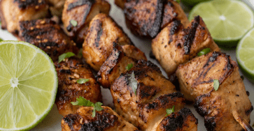 Juicy grilled chicken skewers with golden charred chicken pieces, fresh herbs, lime wedges and a light citrus marinade.