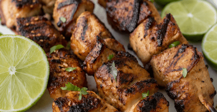 Juicy grilled chicken skewers with golden charred chicken pieces, fresh herbs, lime wedges and a light citrus marinade.
