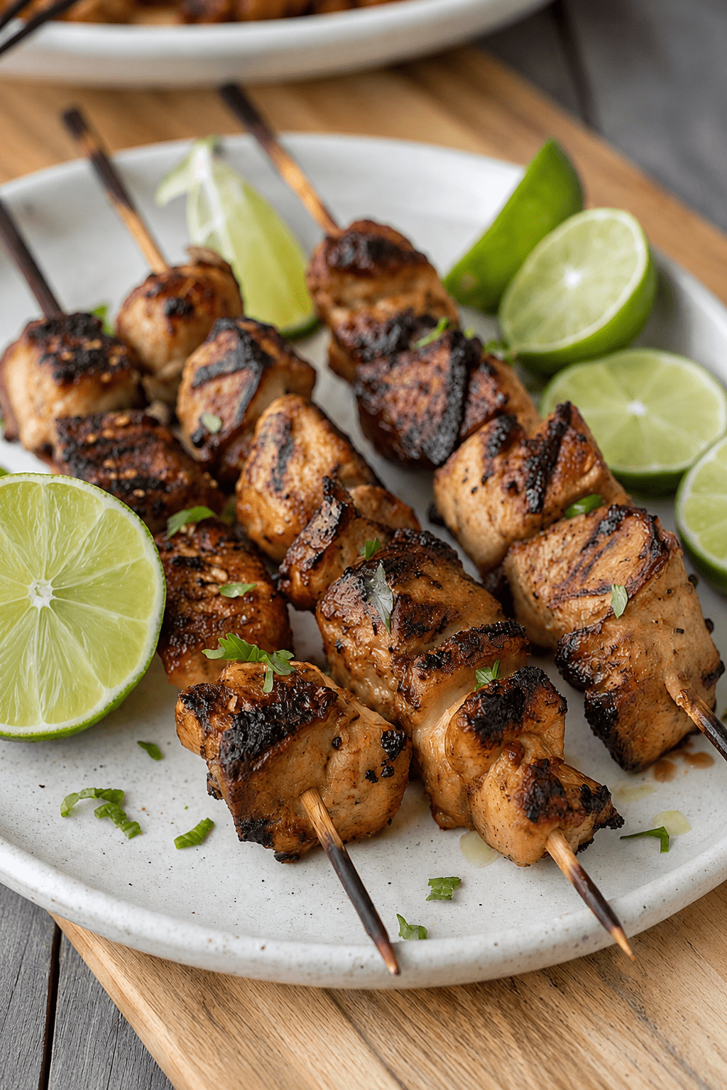 Juicy grilled chicken skewers with golden charred chicken pieces, fresh herbs, lime wedges and a light citrus marinade.
