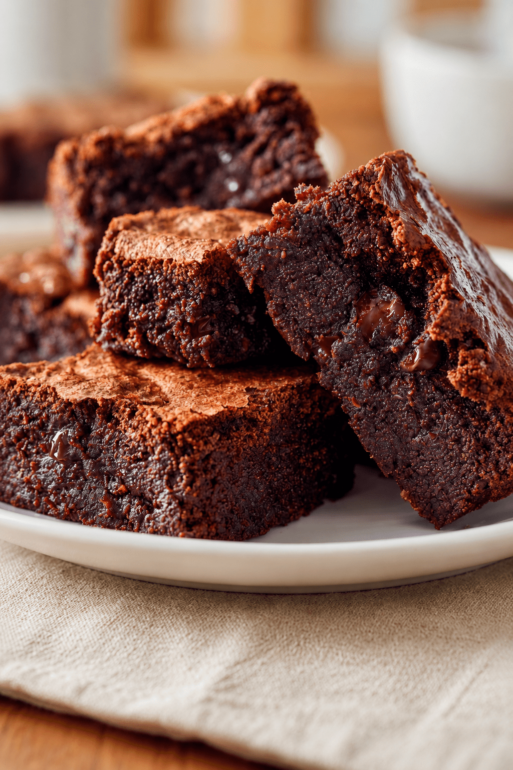 Fudgy chocolate brownies cut into squares with a crackly top, gooey chocolate center and rich dark chocolate texture.